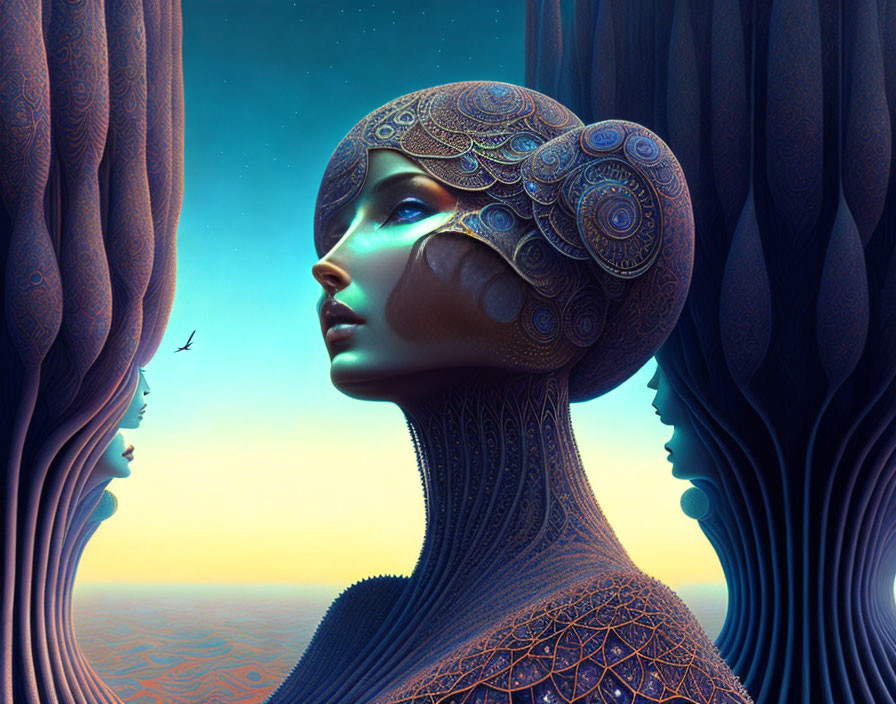 Elaborate female figure with ornate headgear in surreal sunset scene