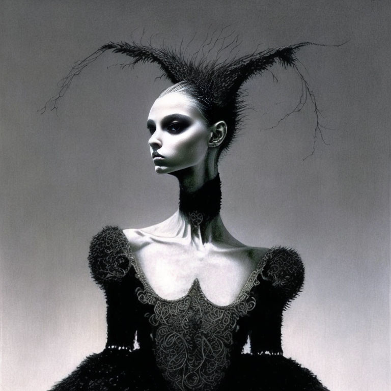 Monochromatic image of person with avant-garde hairstyle and ornate dark dress.