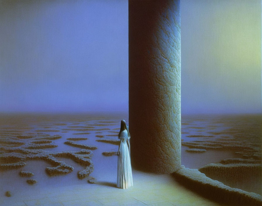 Woman in white dress by large column in vast desert at twilight