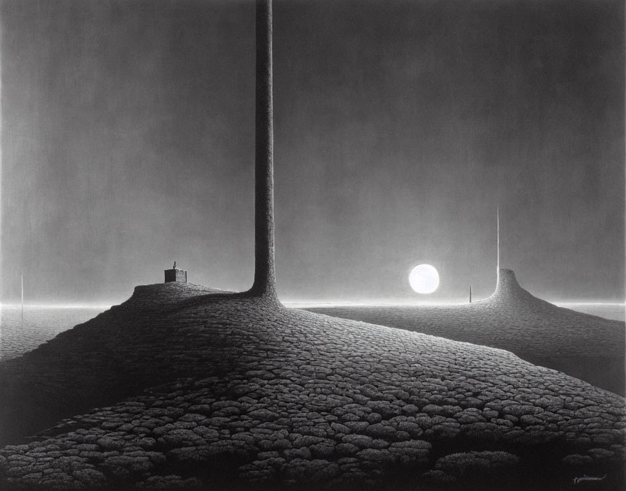 Surreal monochrome landscape: lone house on rounded hill, giant pencils casting shadows in moonlight