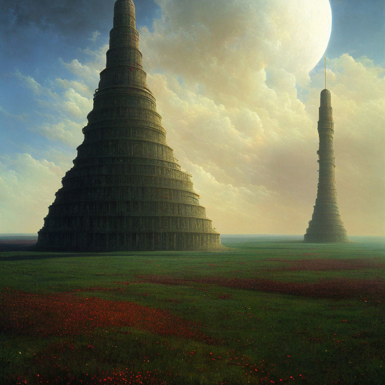 Fantastical landscape with towering cylindrical structures and red flowers under moonlit sky