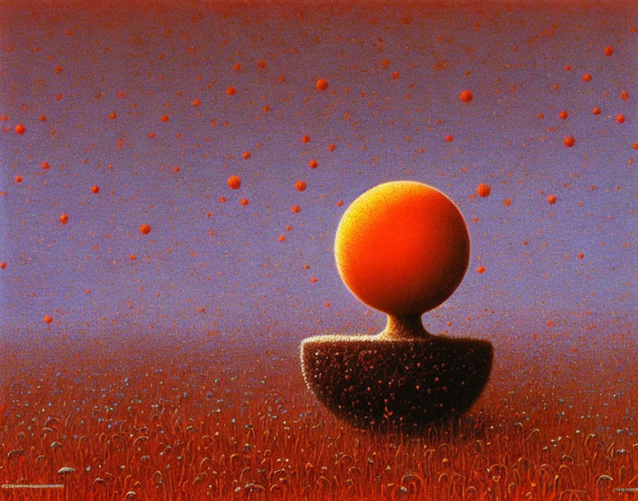 Surreal landscape with glowing orange sphere on dark platform amid red vegetation and hazy sky.