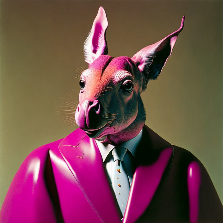 Anthropomorphic aardvark in purple suit, white shirt, light blue tie on grey background