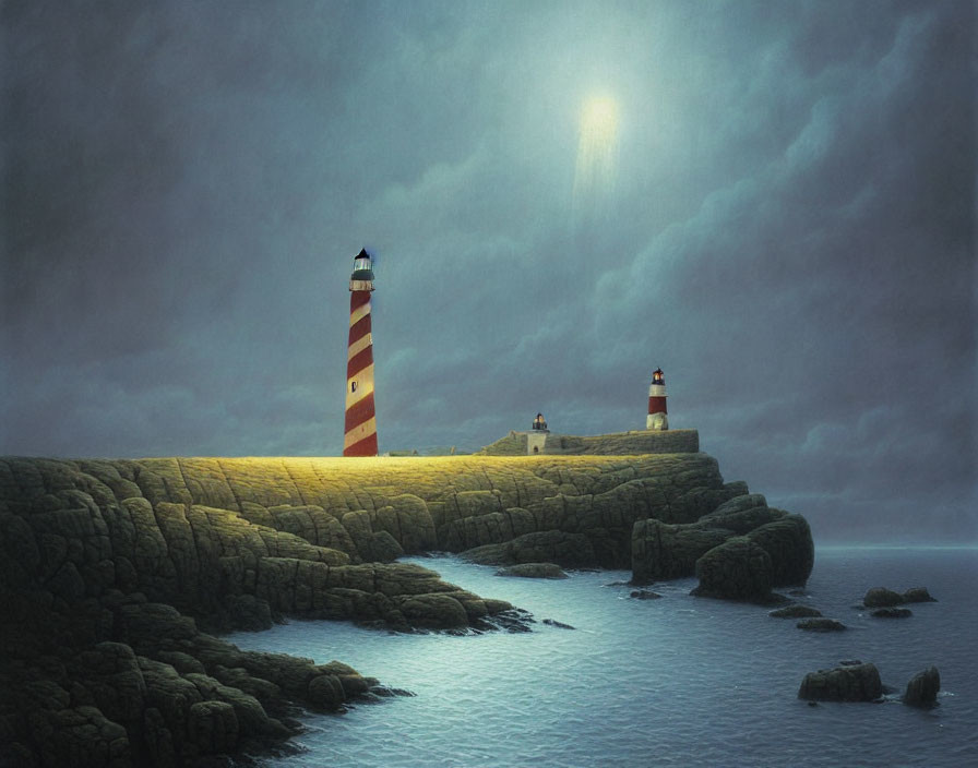 Serene night scene with two lighthouses on rugged coastline