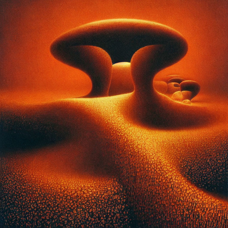 Surreal desert landscape with orange hues and mushroom-like structures