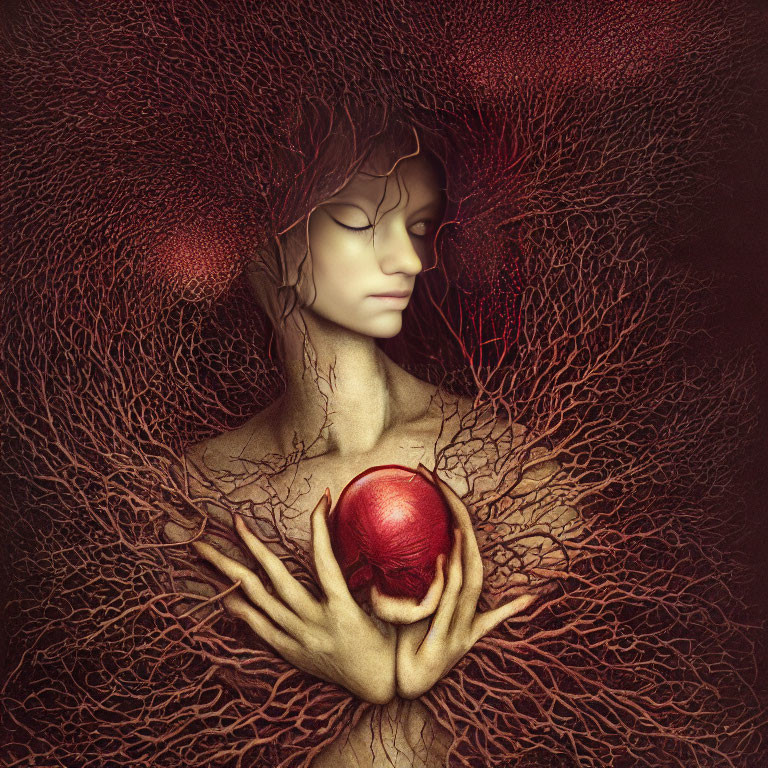 Surreal illustration of person with tree branches for hair holding red orb