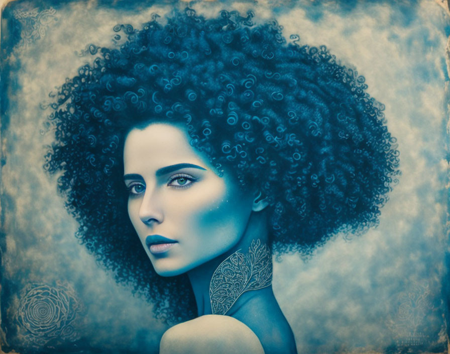 Portrait of Woman with Voluminous Curly Afro and Blue Eyes