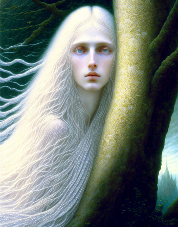 Long white hair and blue eyes figure emerging from behind ornate golden-patterned tree