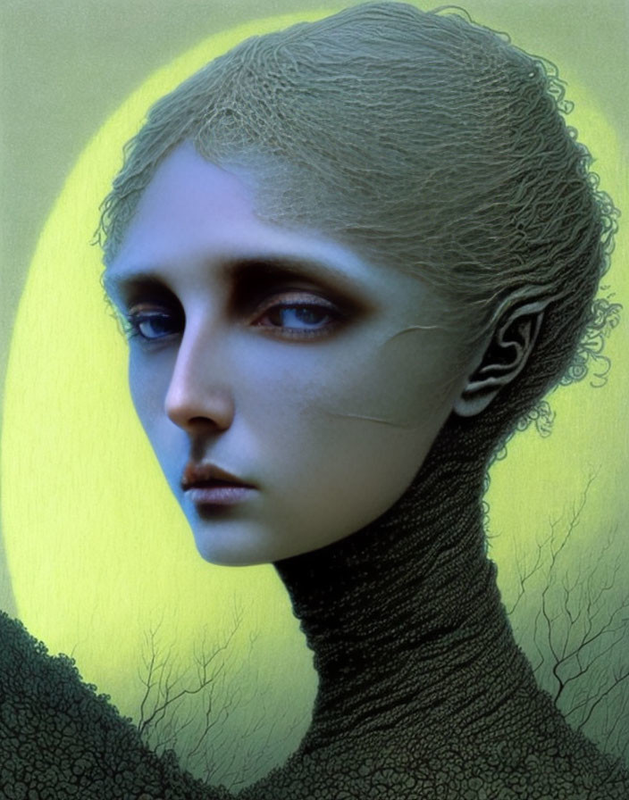 Human-like being with tree-like textures on neck and halo-like glow depicted in illustration