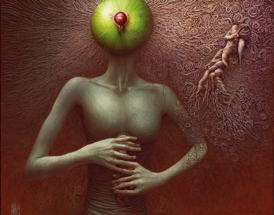 Surreal artwork: Figure with apple head on red background