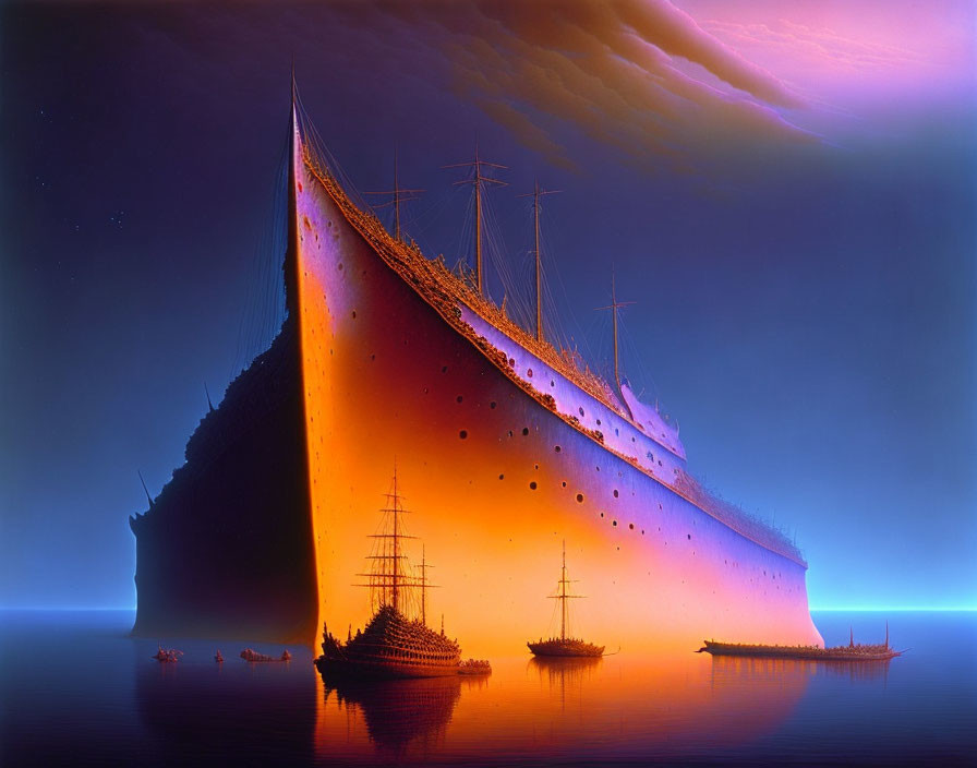 Surreal image of small sailing ships near colossal illuminated structure