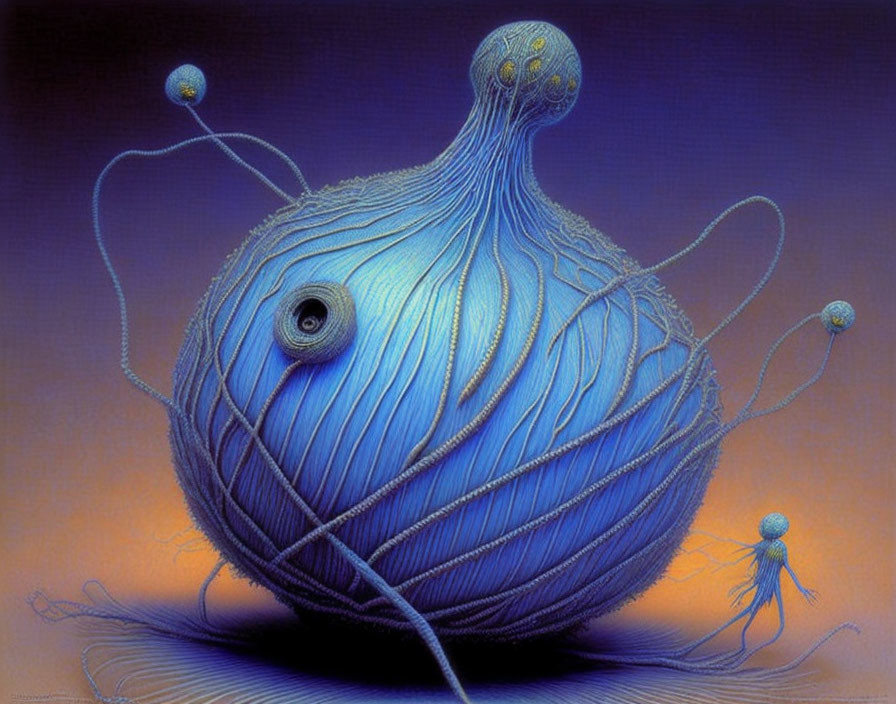 Surreal blue onion entity with eye and tendrils on purple background