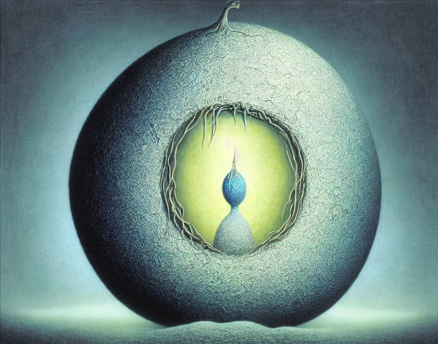 Surreal illustration of cavernous egg with smaller illuminated egg inside