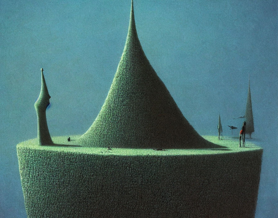 Conical tower and figures in surreal landscape on textured plateau