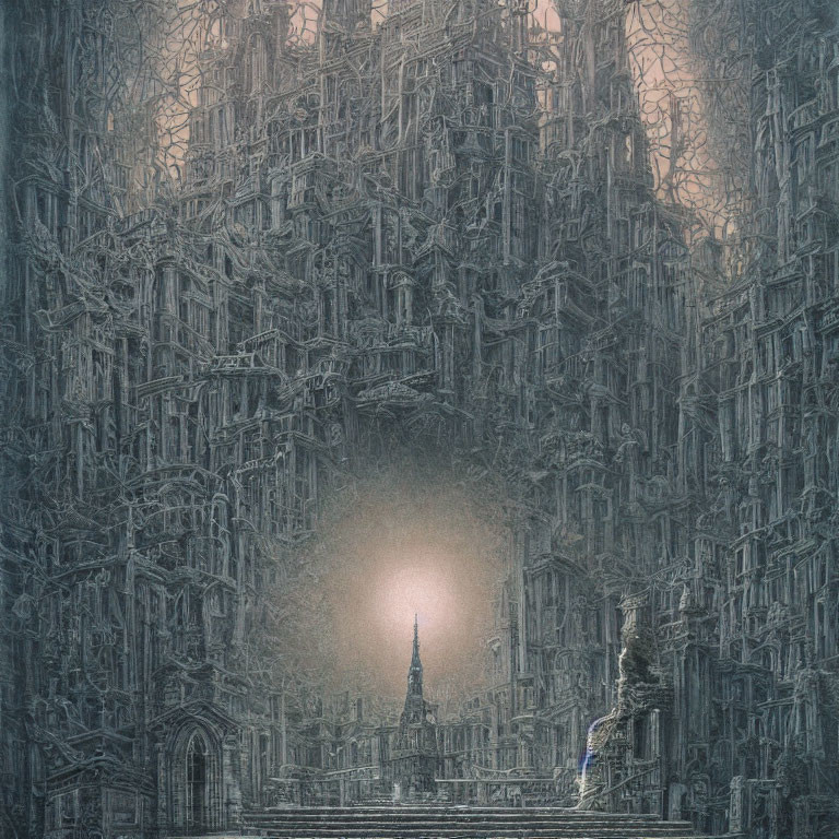 Gothic cityscape with labyrinthine architecture and glowing spire