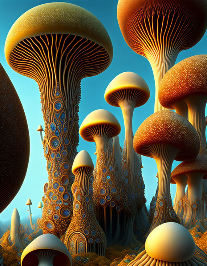 Surreal oversized mushroom-like structures in blue sky.