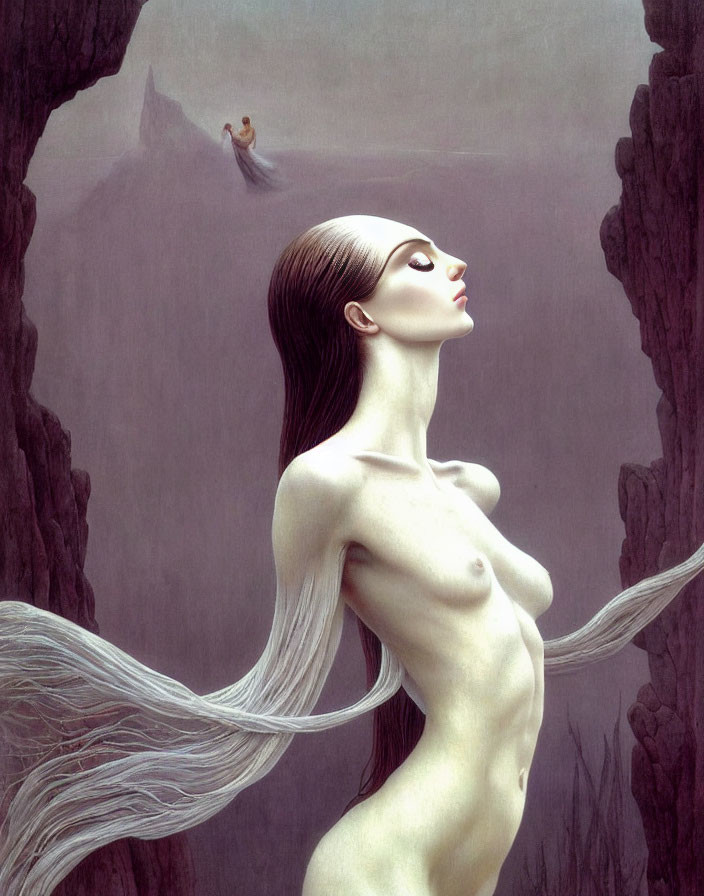 Surreal painting of woman with long hair between cliffs