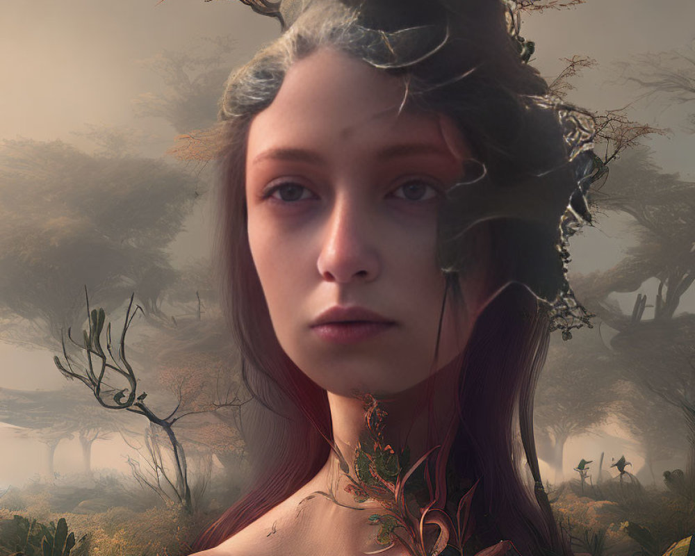 Woman merged with nature elements in mystical portrait.