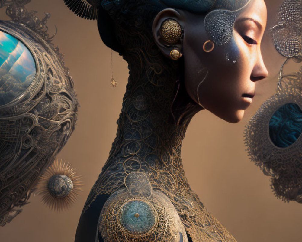 Surreal digital artwork featuring ornate humanoid figure with celestial bodies on neutral backdrop