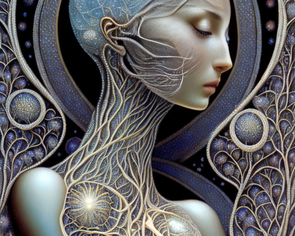 Fantasy-style illustration of a woman with pale skin, closed eyes, surrounded by intricate cosmic motifs in