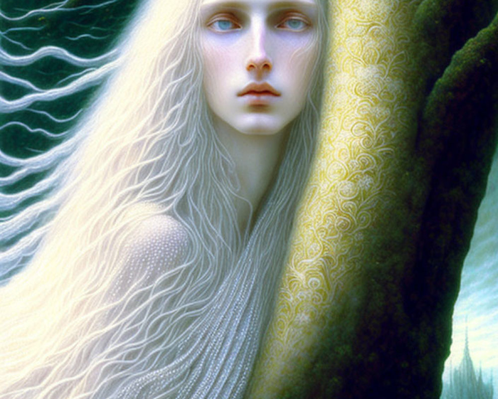 Long white hair and blue eyes figure emerging from behind ornate golden-patterned tree