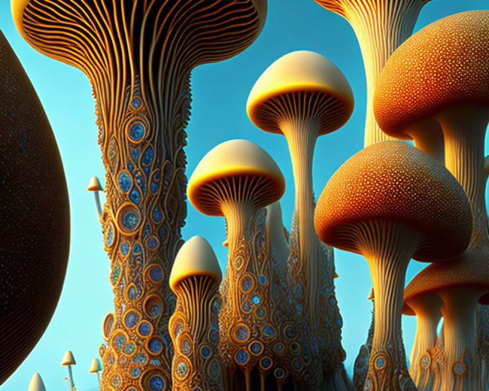 Surreal oversized mushroom-like structures in blue sky.