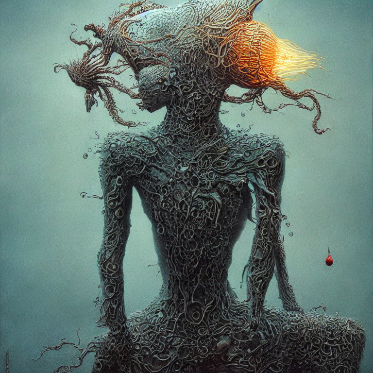 Intricately detailed surreal figure with tree-like head and organic patterns.