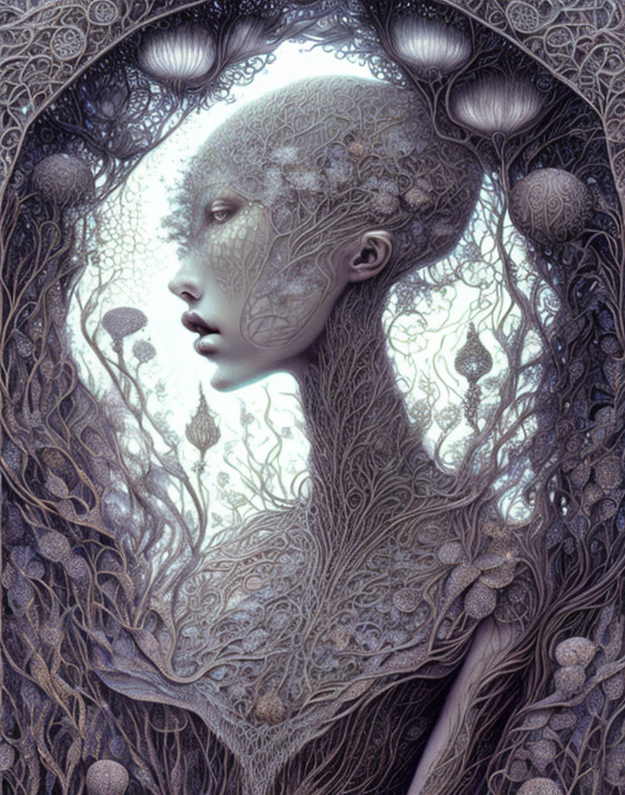 Surreal ethereal being with tree-like hair and intricate skin patterns