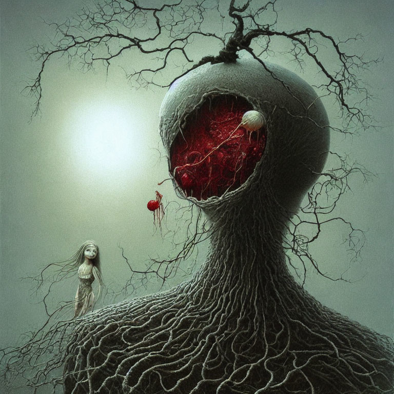 Surreal artwork featuring tree-like figure with glowing orb and small human-like figure