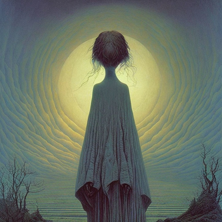 Luminous full moon with solitary figure in mystical nighttime scene