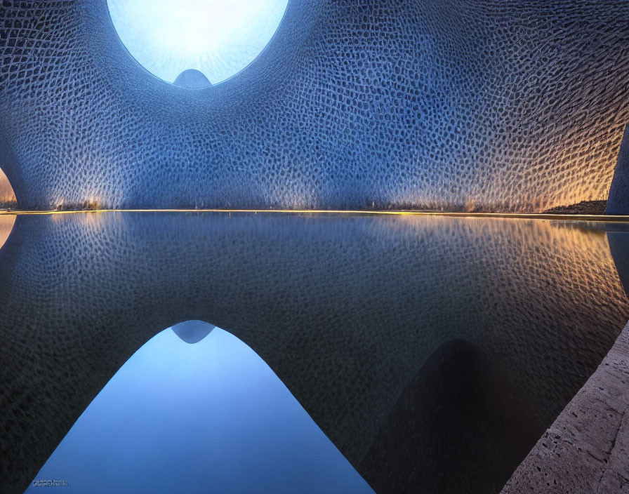 Tranquil pool mirroring modern building facade at twilight