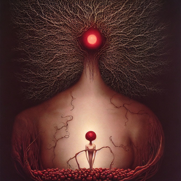 Surreal artwork: person with tree branch hair & miniature figure inside torso, connected by red threads