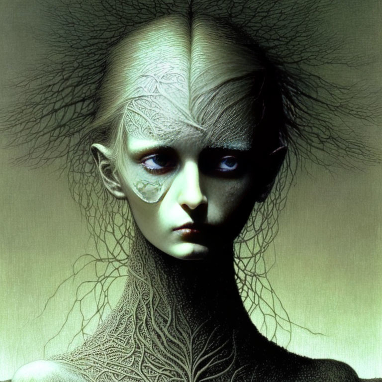 Pale-skinned figure with intricate markings and third eye, featuring branching vein-like structures.