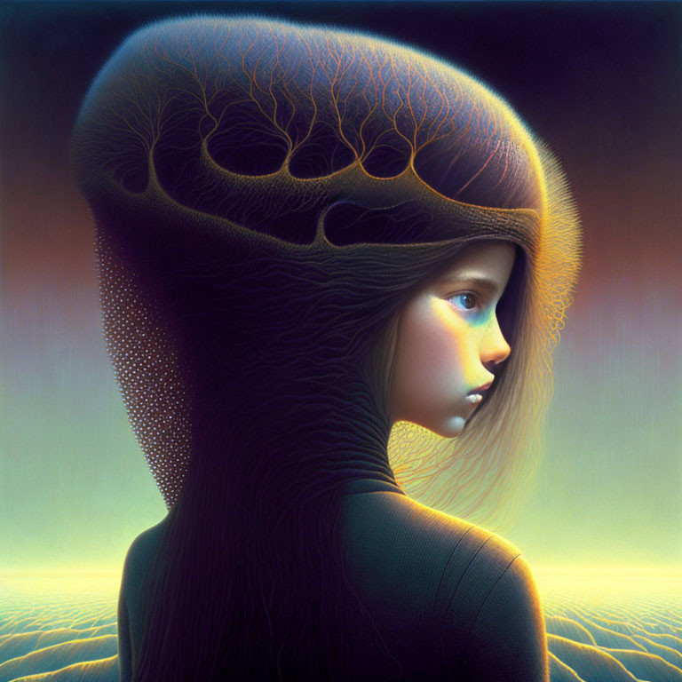 Surreal portrait of girl with oversized tree-like head on ombré background