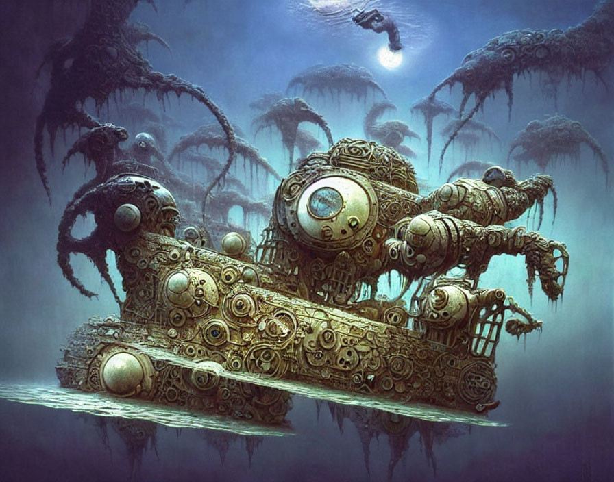 Underwater Diver Explores Mechanical Submarine Among Surreal Vegetation