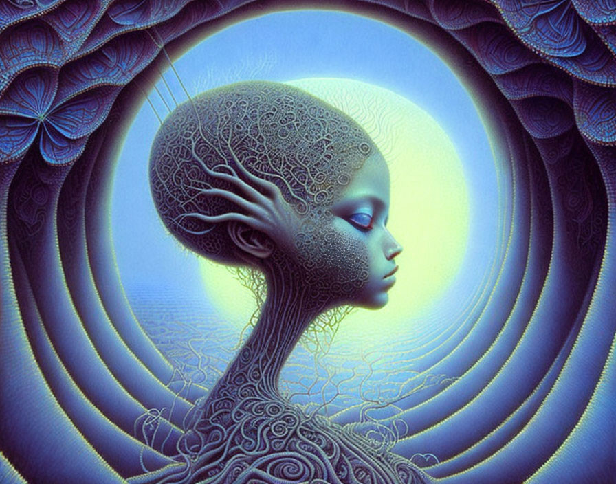 Humanoid Figure with Tree-Like Head in Blue Fractal Aura