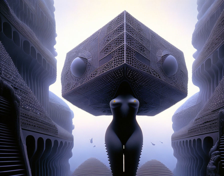 Surreal image: Human silhouette with animal head holding patterned cube amid towering structures