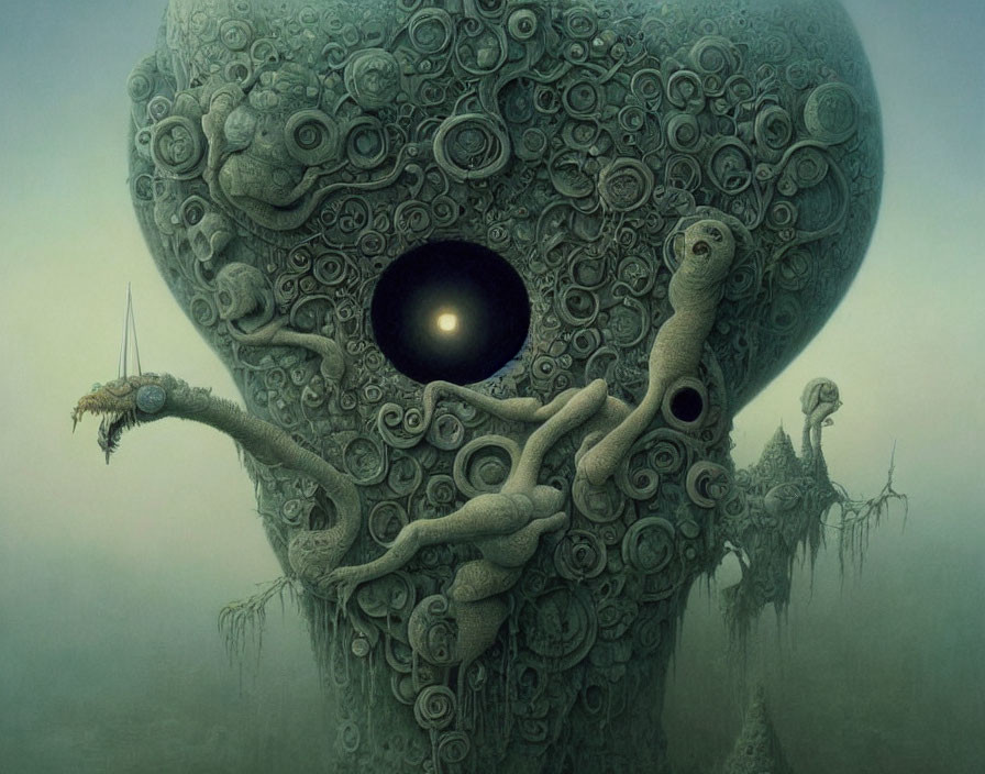 Enormous tree-like entity covered in eyes in surreal landscape