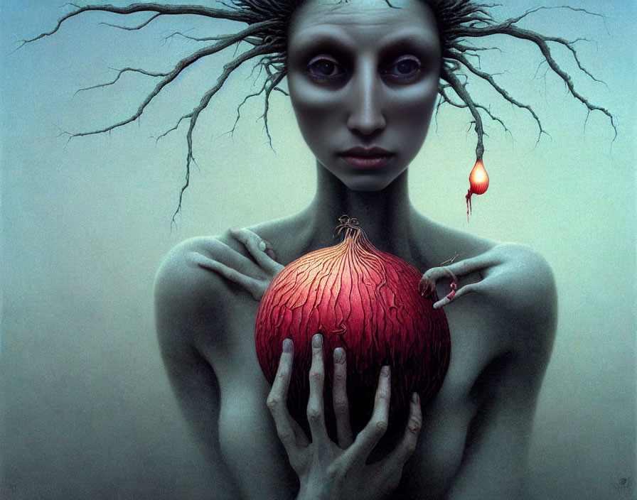 Surreal painting of person with elongated features holding red onion and glowing fruit