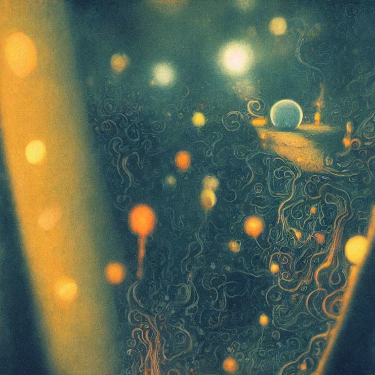 Ethereal landscape with golden and teal hues, swirling patterns, glowing orbs, and distant moon.