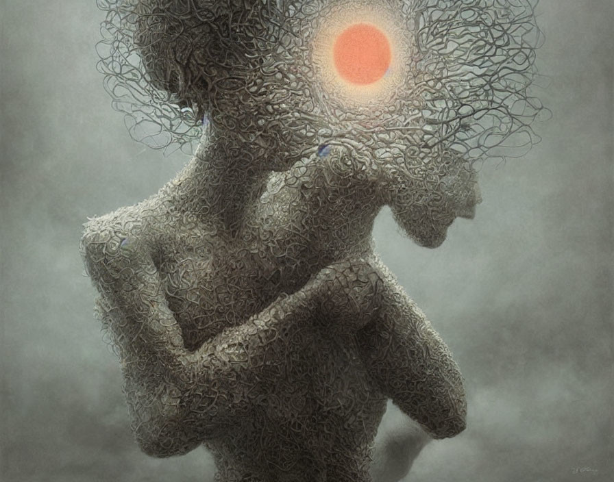 Surreal figure with tangled lines and red orb on misty gray background