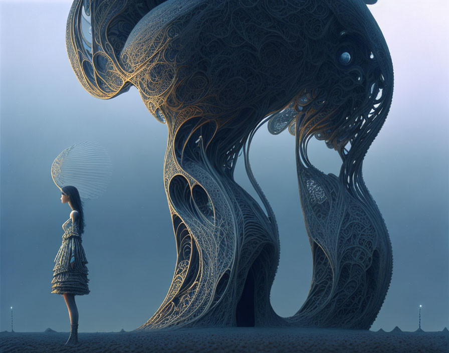 Girl faces ornate elephant-like creature in desolate landscape