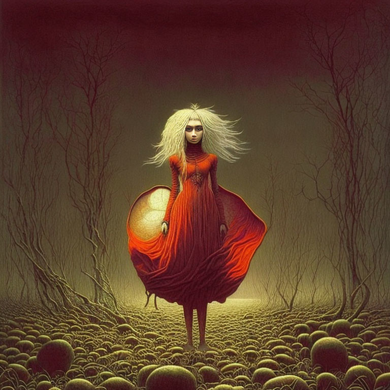 Surreal image of woman in red dress with glowing orb in stone field