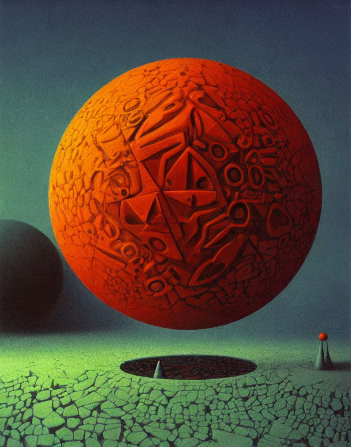 Surreal orange sphere artwork above cracked desert landscape