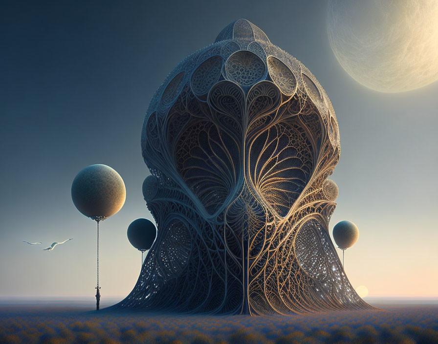 Surreal landscape with lace-like structure, swing, balloon, and moon