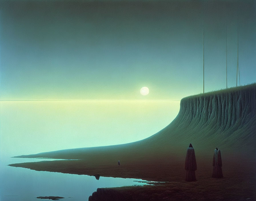 Surreal landscape with smooth hill, robed figures, serene lake, misty sky.