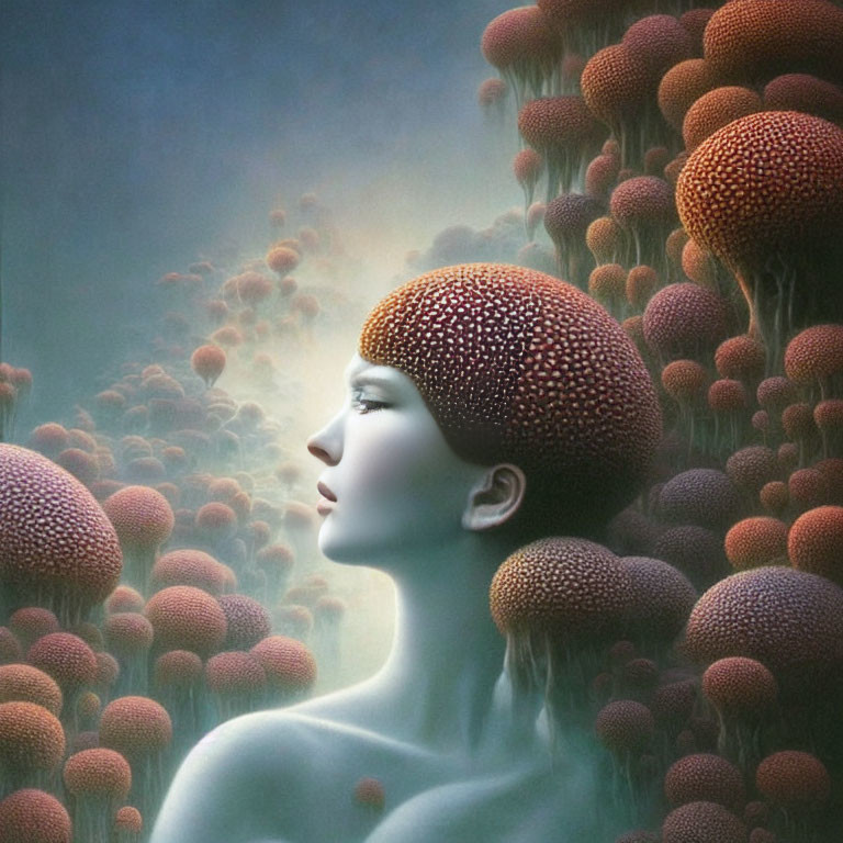 Surreal portrait of woman with mushroom-like hair in fantastical forest