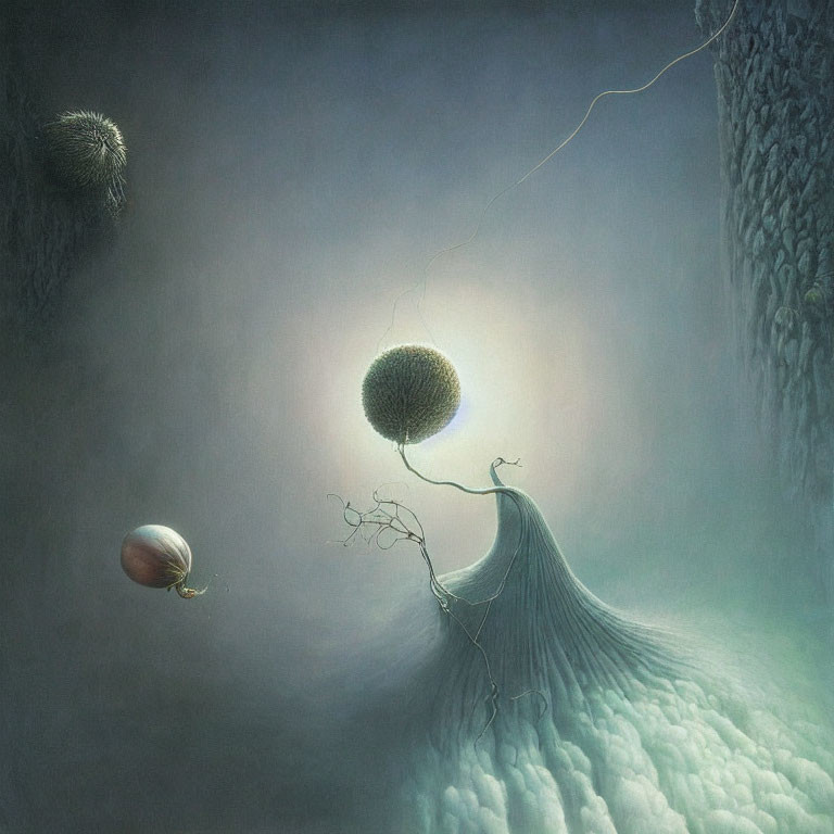 Surreal artwork: floating orbs connected by tendrils over misty landscape