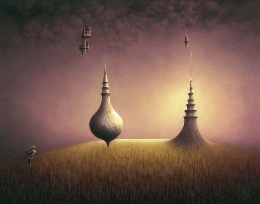 Surreal landscape with onion-shaped structures in golden haze