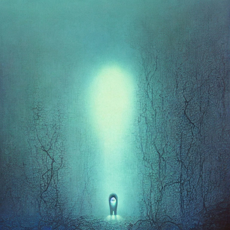 Mystical blue forest scene with solitary figure and luminous oval portal